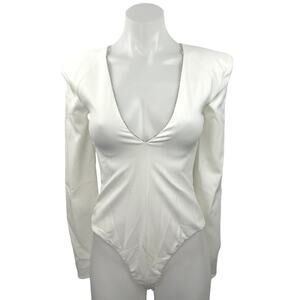ZARA White V-Neck Long Sleeve Dramatic Shoulder Pads One Piece Bodysuit Top XS